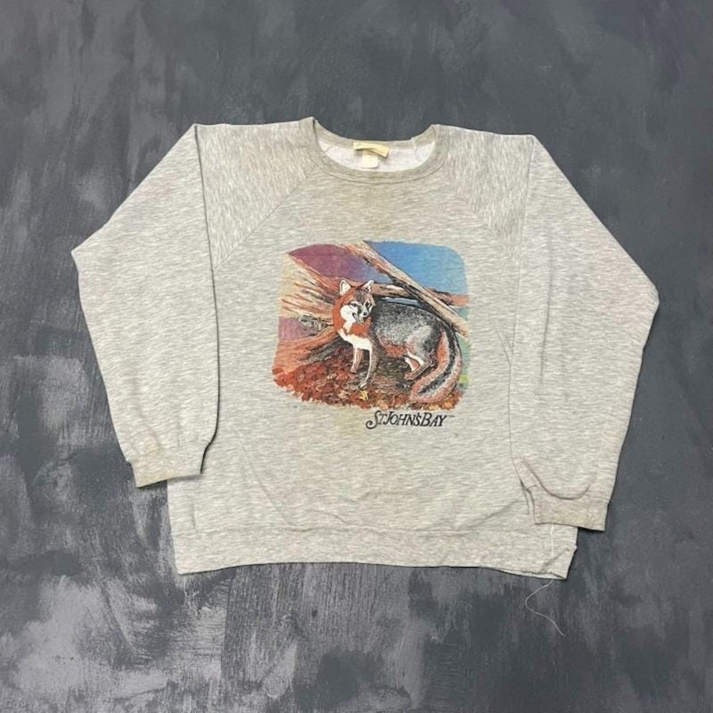 Vintage Fox Forest Graphic Sweatshirt Men Medium Grey 1990s St Johns Bay